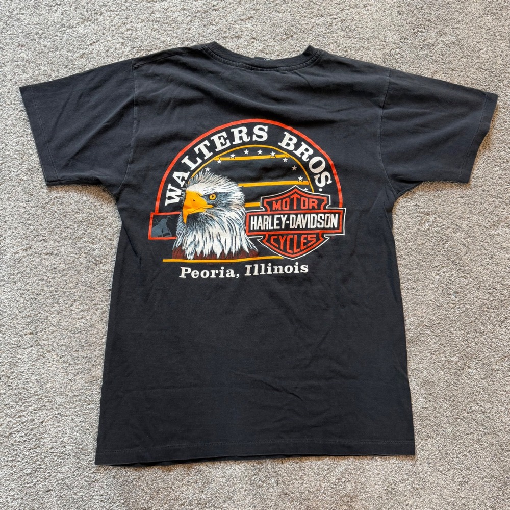 Vintage 1990 Harley Davidson Henley Shirt Walters Bros Peoria IL Eagle Black MD - Picture 4 of 7